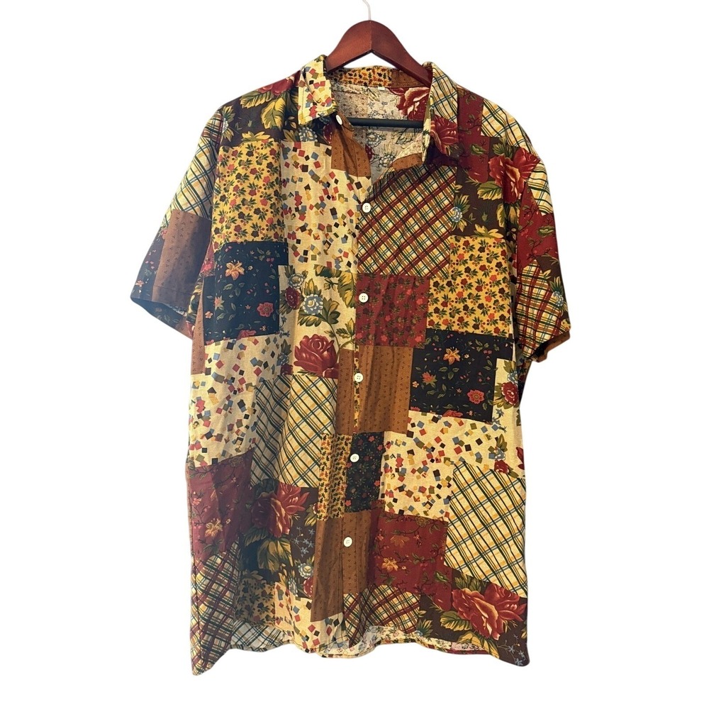 Unisex Colorful Patchwork Collared Button Up Size 2XL Boho Festival Cabanacore
